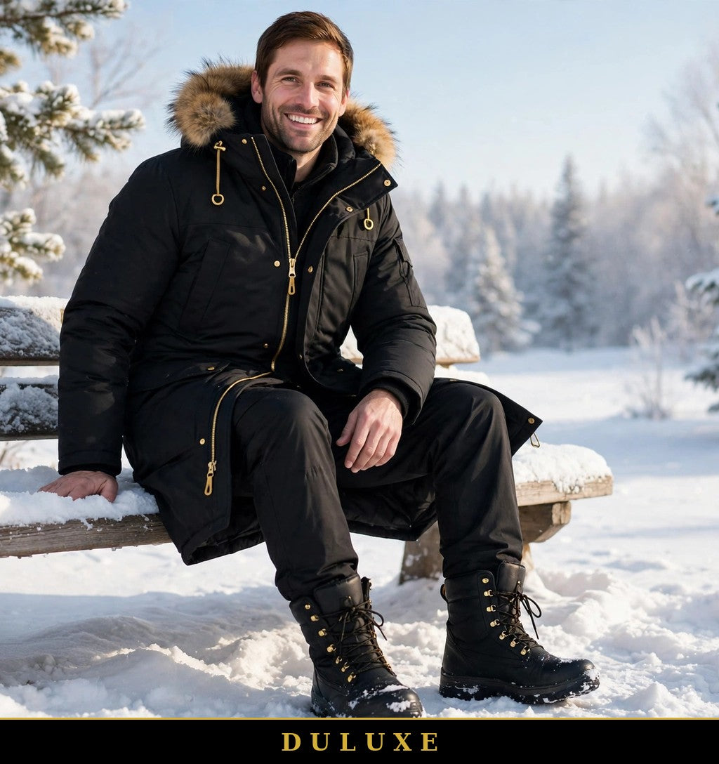 Homme en parka long noir DULUXE assis sur un banc enneigé avec bottes d'hiver