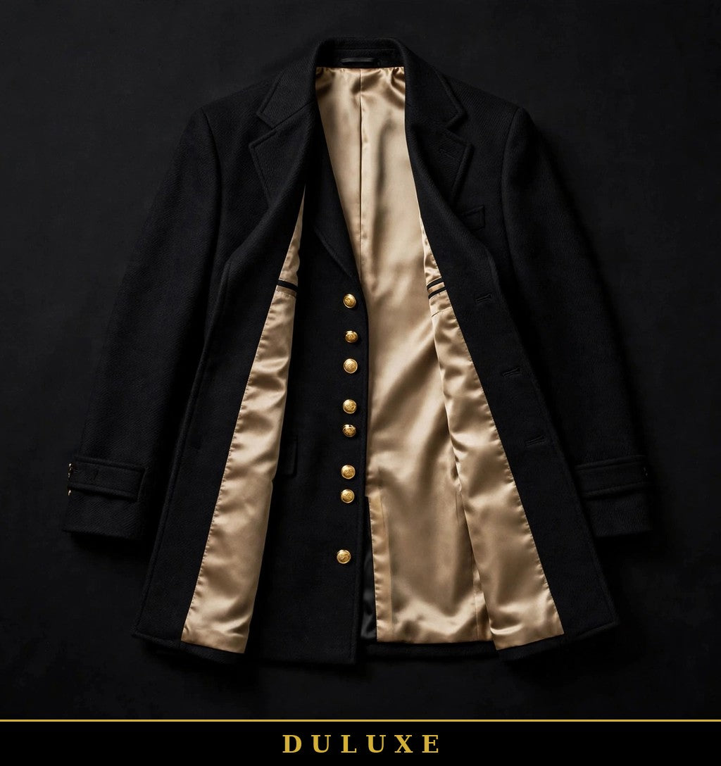 Manteau structuré noir DULUXE à plat, doublure satinée et boutons dorés visibles