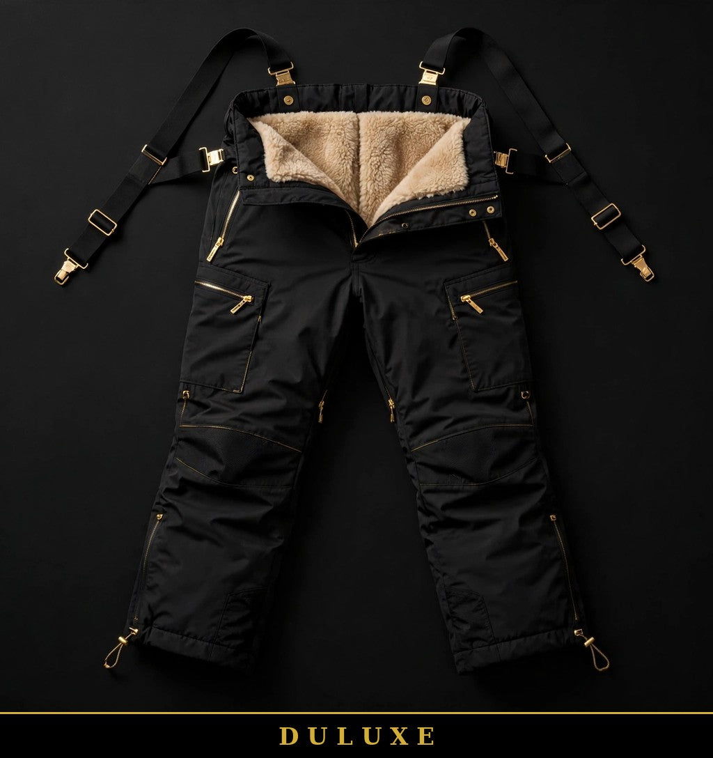 Pantalon de neige noir DULUXE à plat, bretelles et doublure chaude visibles