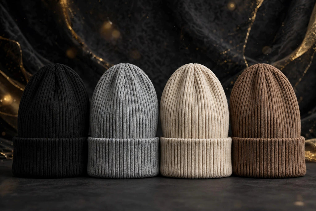 Bonnet tricoté douillet décliné en quatre coloris noir, gris, beige et brun côte à côte