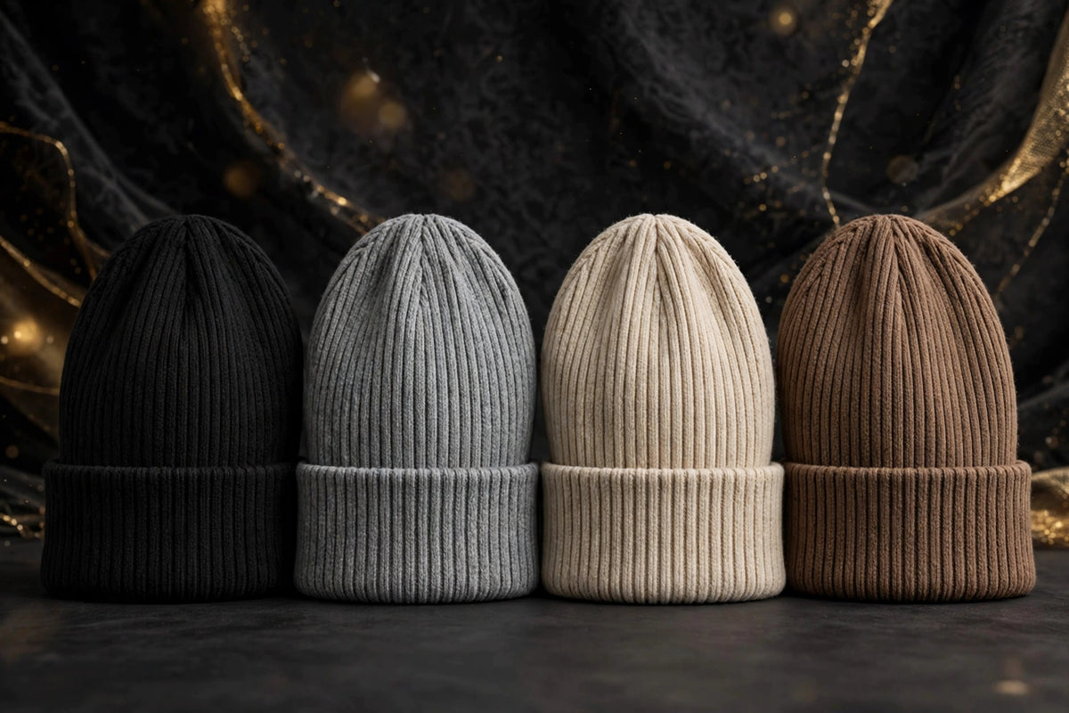 Bonnet tricoté douillet décliné en quatre coloris noir, gris, beige et brun côte à côte