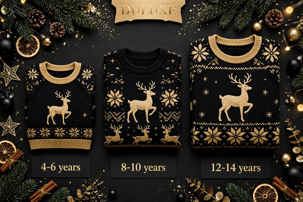 Guide visuel des tailles du pull de Noël enfant : 4-6 ans, 8-10 ans et 12-14 ans présentés pliés côte à côte