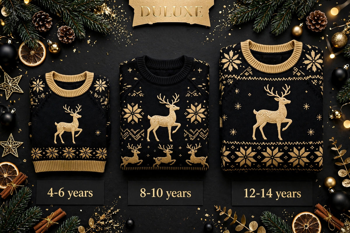 Guide visuel des tailles du pull de Noël enfant : 4-6 ans, 8-10 ans et 12-14 ans présentés pliés côte à côte