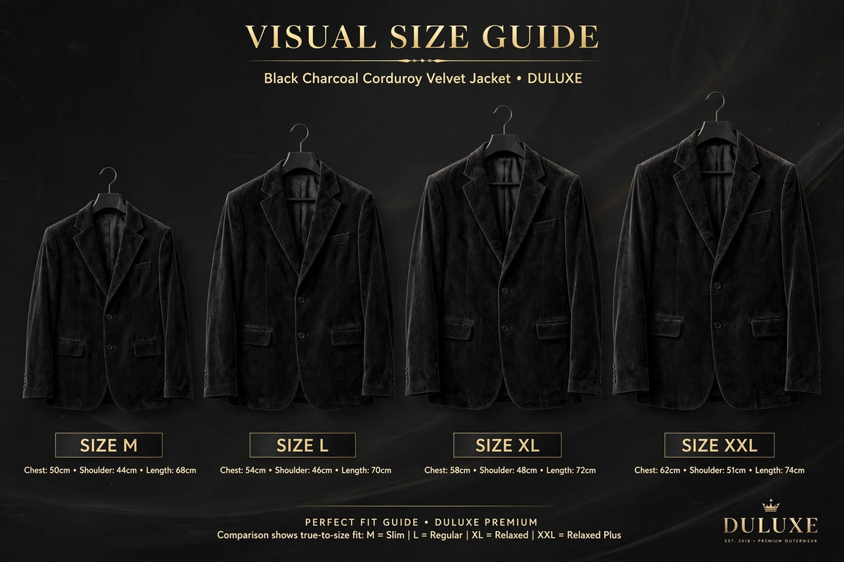 Guide visuel des tailles de la veste en velours côtelé : M, L, XL et XXL présentées côte à côte