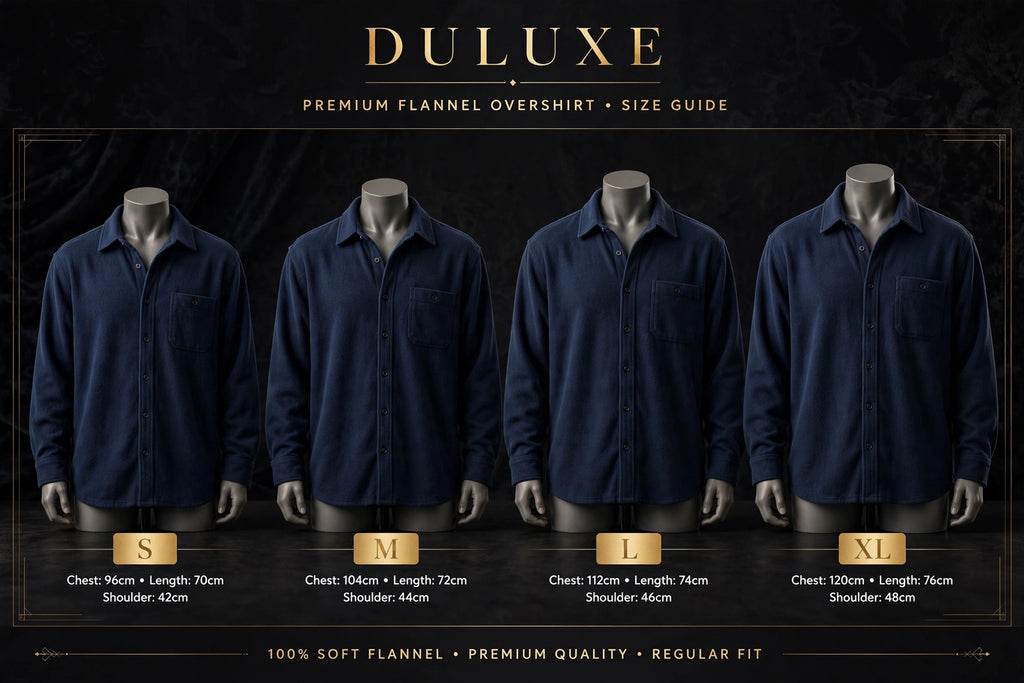 Guide des tailles de la surchemise pour homme en flanelle, de S à XL côte à côte
