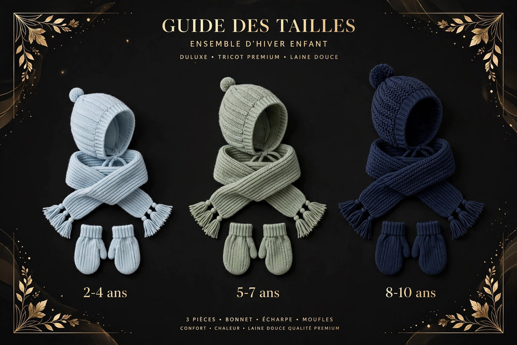 Guide visuel des tailles de l'ensemble d'hiver enfant DULUXE : 2-4 ans, 5-7 ans et 8-10 ans côte à côte