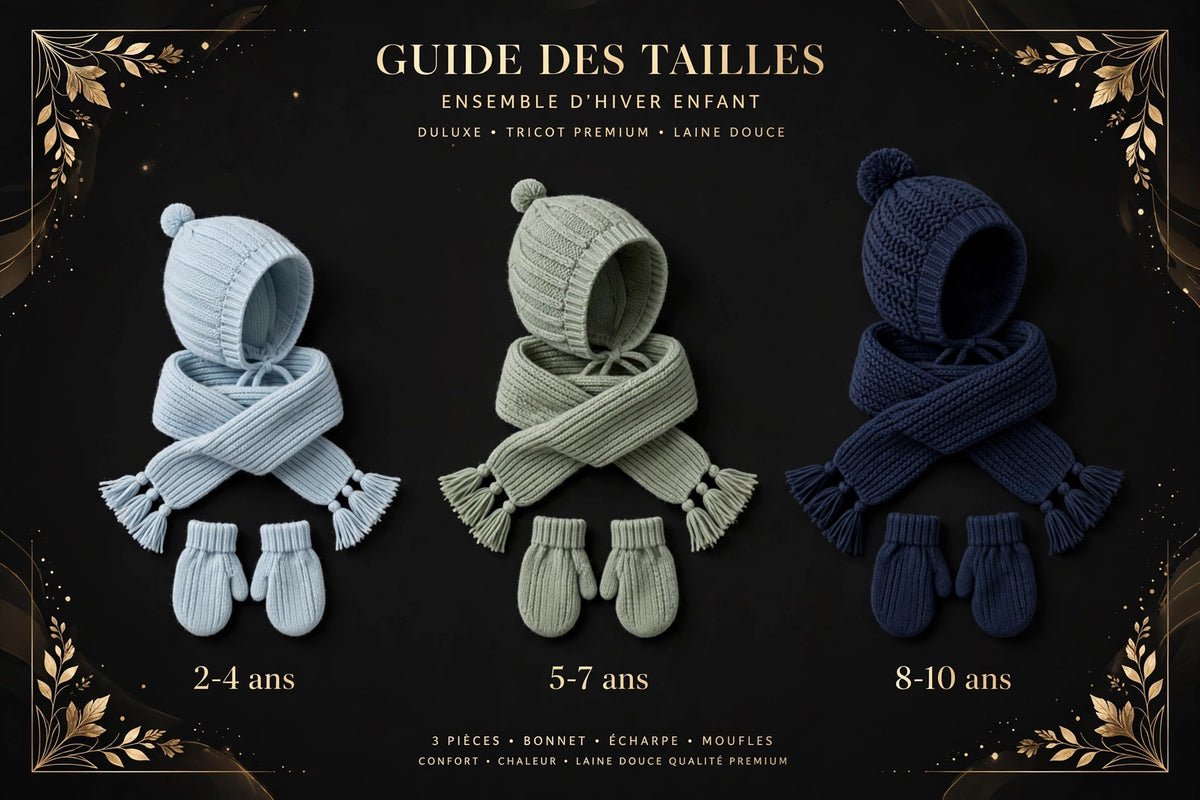 Guide visuel des tailles de l'ensemble d'hiver enfant DULUXE : 2-4 ans, 5-7 ans et 8-10 ans côte à côte