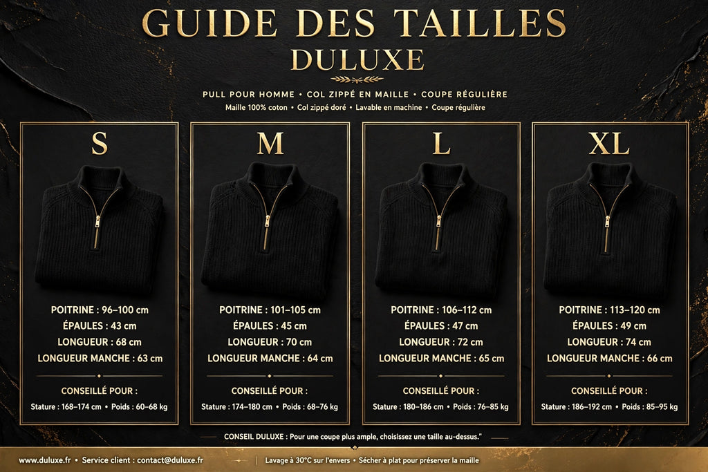 Guide des tailles du pull pour homme à col zippé, de S à XL côte à côte