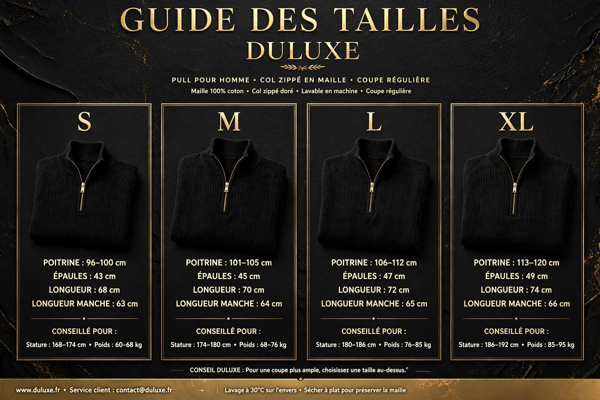 Guide des tailles du pull pour homme à col zippé, de S à XL côte à côte