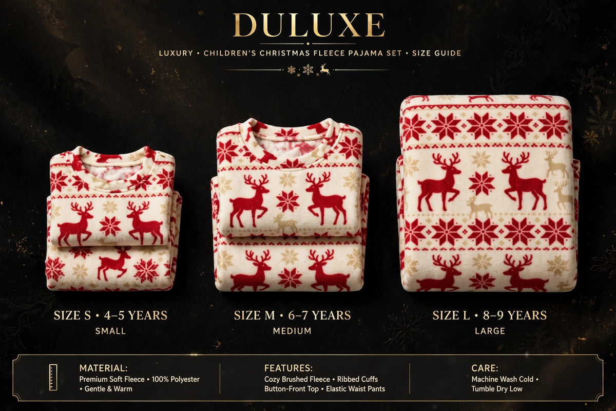 Guide visuel des tailles du pyjama polaire de Noël enfant : 4-6 ans, 8-10 ans et 12-14 ans présentés côte à côte