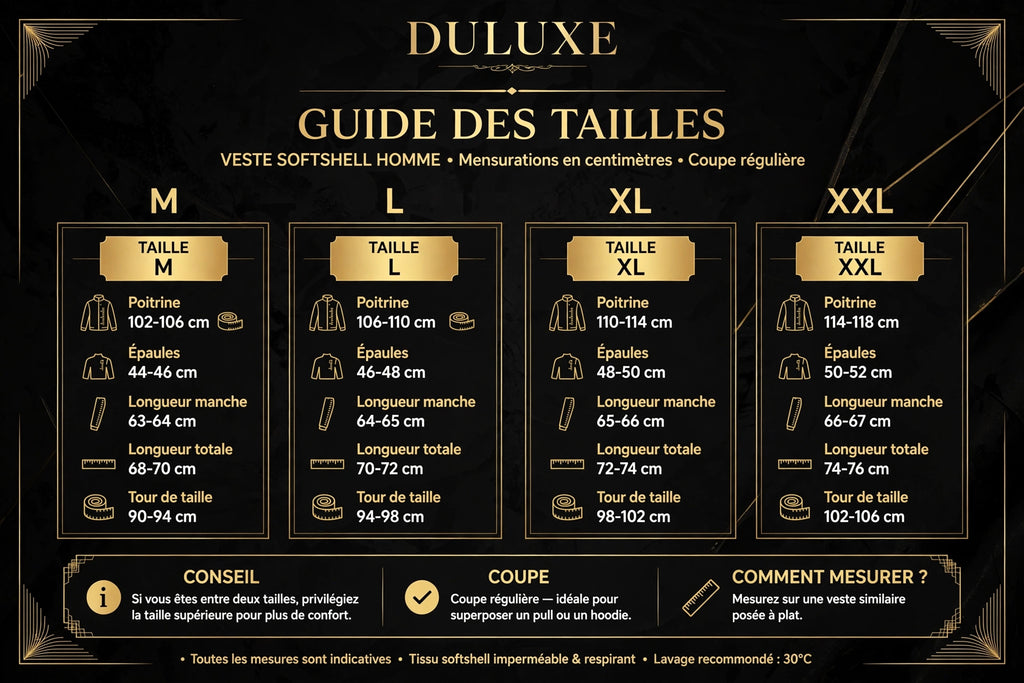 Guide des tailles de la veste softshell homme, tailles M à XXL côte à côte