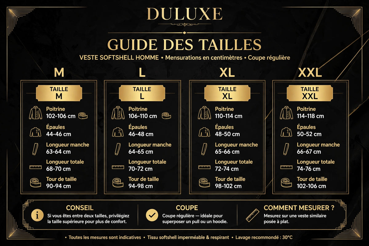 Guide des tailles de la veste softshell homme, tailles M à XXL côte à côte