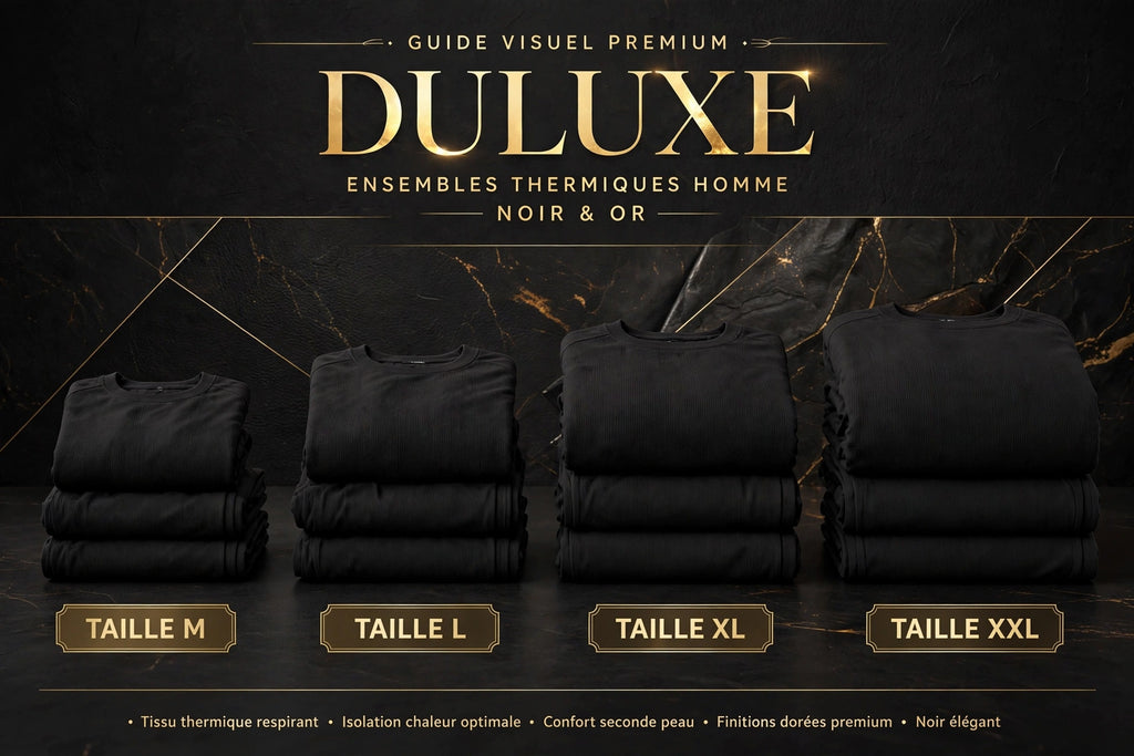 Guide visuel des tailles de l'ensemble thermique homme : M, L, XL et XXL présentés pliés en rangée
