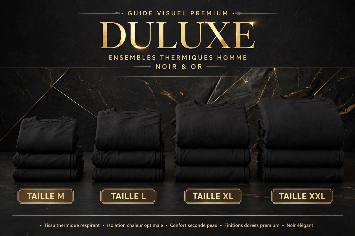 Guide visuel des tailles de l'ensemble thermique homme : M, L, XL et XXL présentés pliés en rangée