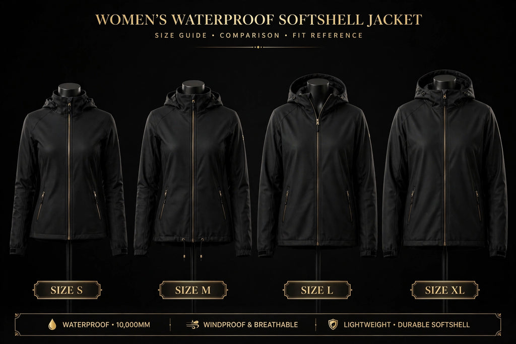 Guide des tailles de la veste softshell femme, tailles S à XL côte à côte