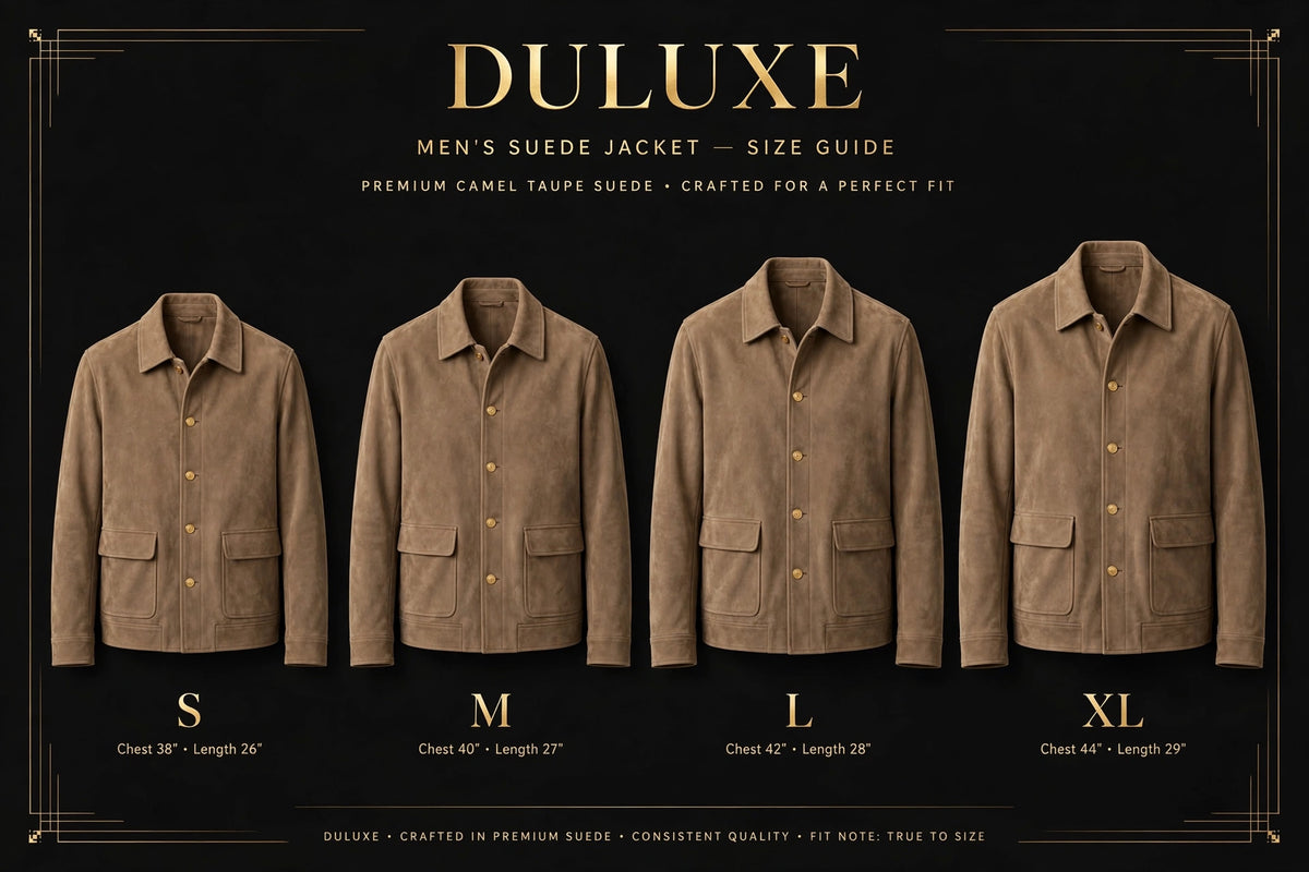 Guide des tailles de la veste en suède pour homme, de S à XL côte à côte