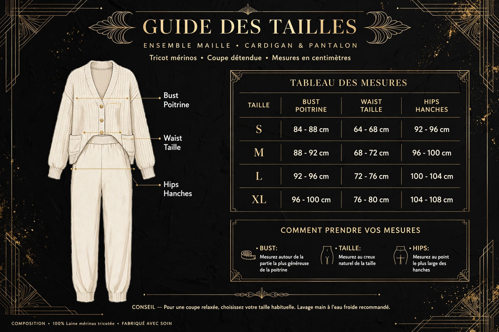 Guide des tailles de l'ensemble cardigan 4 pièces pour femme, du S au XL, mesures en français DULUXE