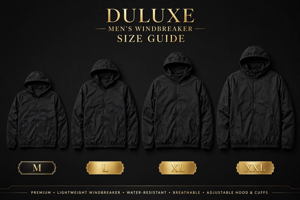 Guide visuel des tailles M, L, XL et XXL du coupe-vent noir DULUXE présentées côte à côte