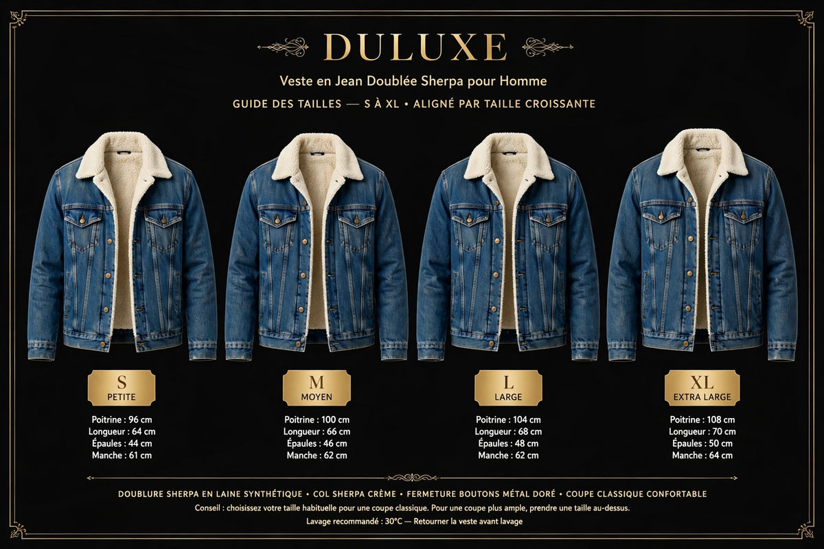 Guide des tailles de la veste en jean sherpa homme, tailles S à XL côte à côte