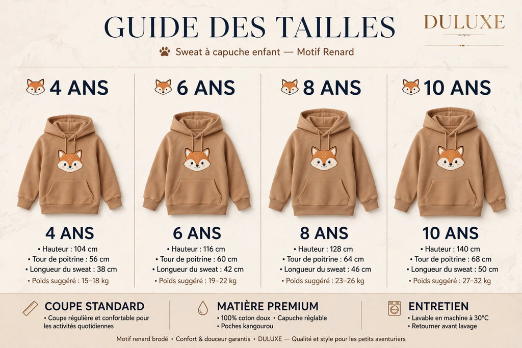 Guide des tailles du sweat à capuche enfant motif renard, de 4 à 10 ans