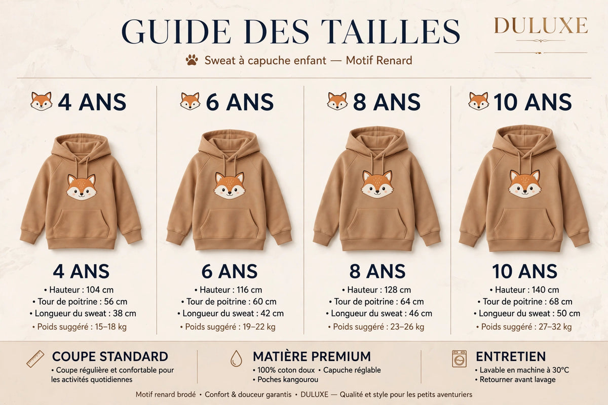Guide des tailles du sweat à capuche enfant motif renard, de 4 à 10 ans