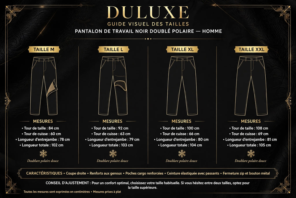 Guide visuel des tailles du pantalon de travail pour homme, tailles M, L, XL et XXL présentées côte à côte