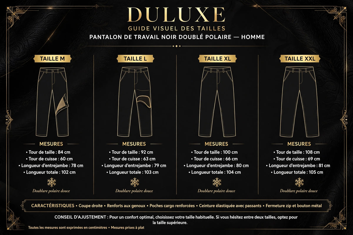 Guide visuel des tailles du pantalon de travail pour homme, tailles M, L, XL et XXL présentées côte à côte