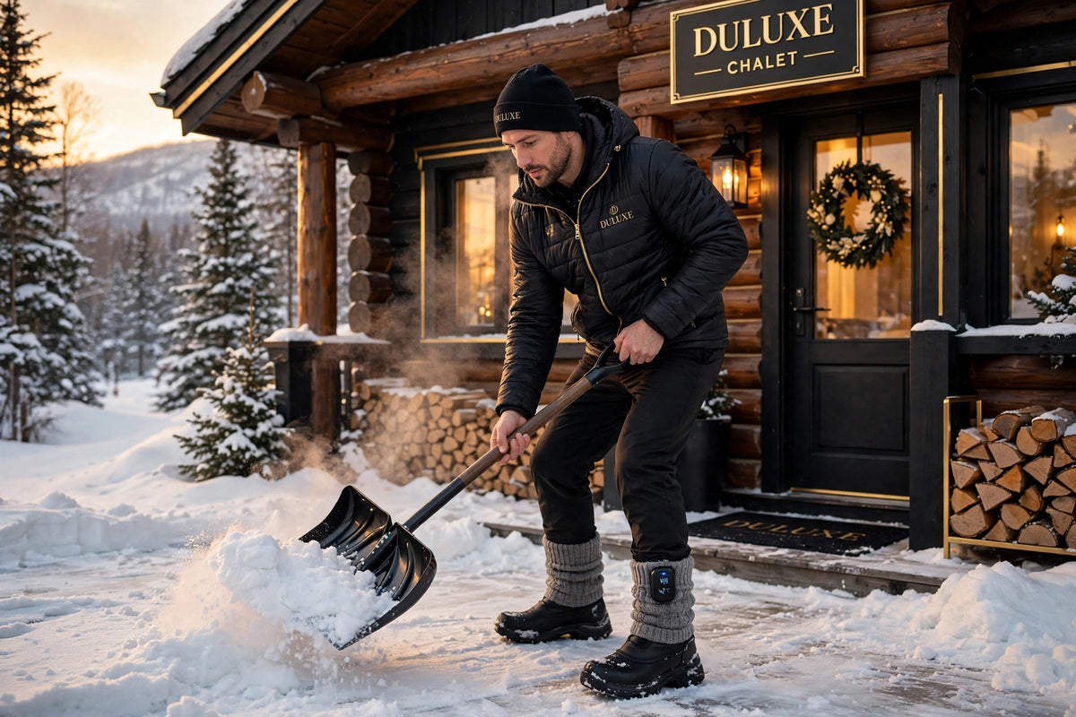 Homme travaillant à l'extérieur en hiver devant un chalet au Québec, pieds au chaud grâce aux chaussettes chauffantes DULUXE