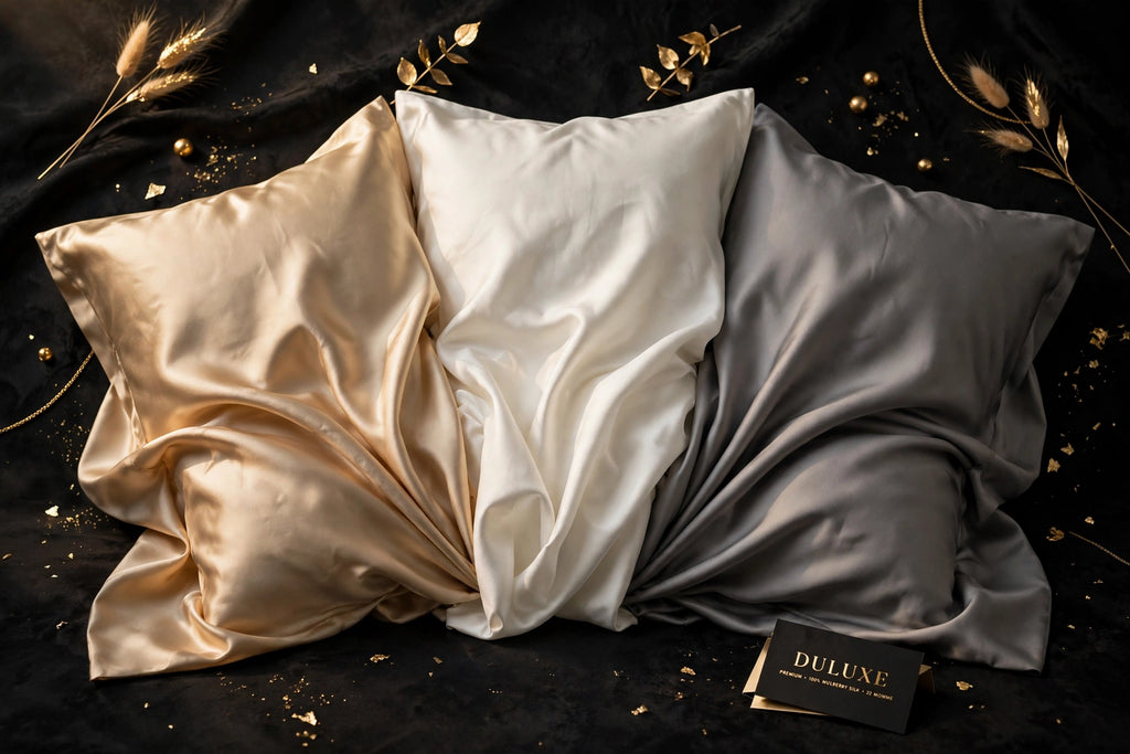 Variantes de couleurs de la taie d'oreiller en soie : champagne, blanc ivoire et gris élégant