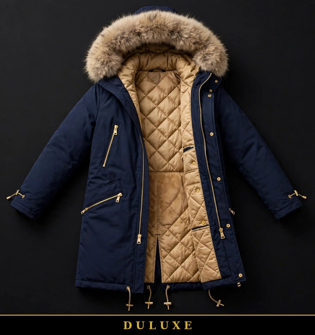 Parka long marine DULUXE à plat, doublure chaude matelassée visible