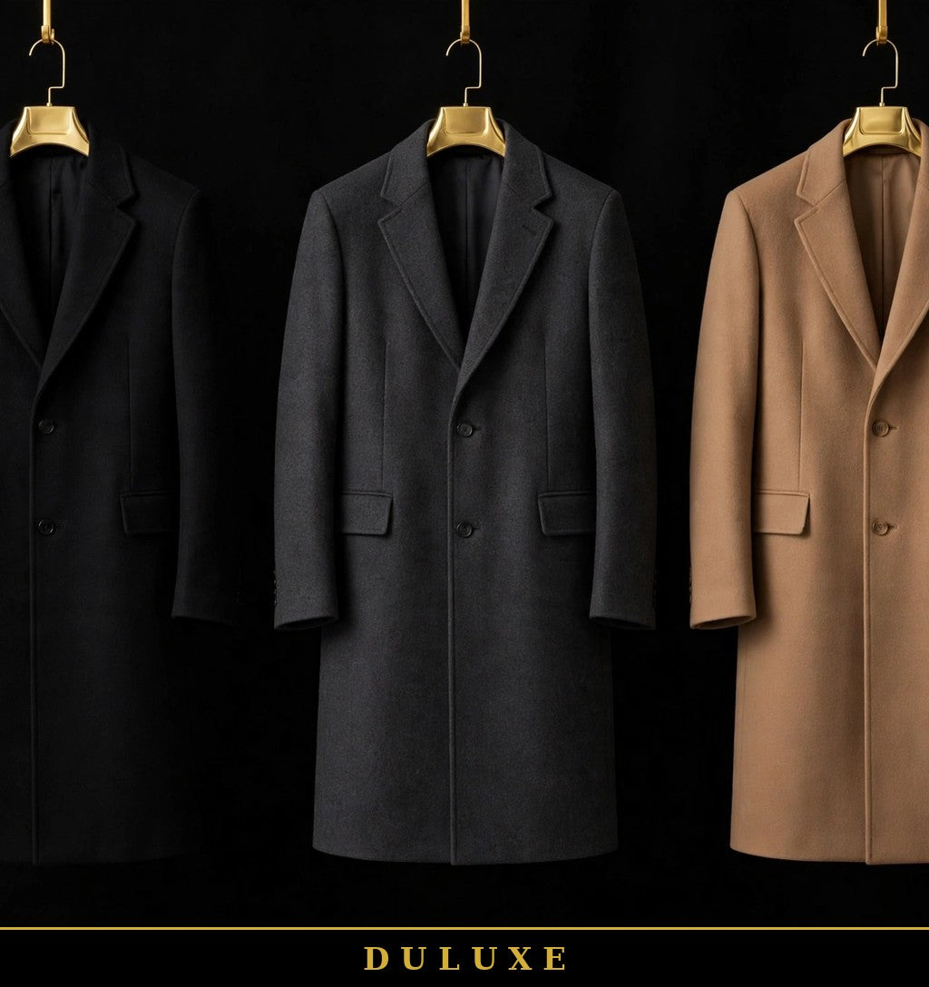 Les trois coloris du manteau structuré pour homme DULUXE : noir, charbon et camel
