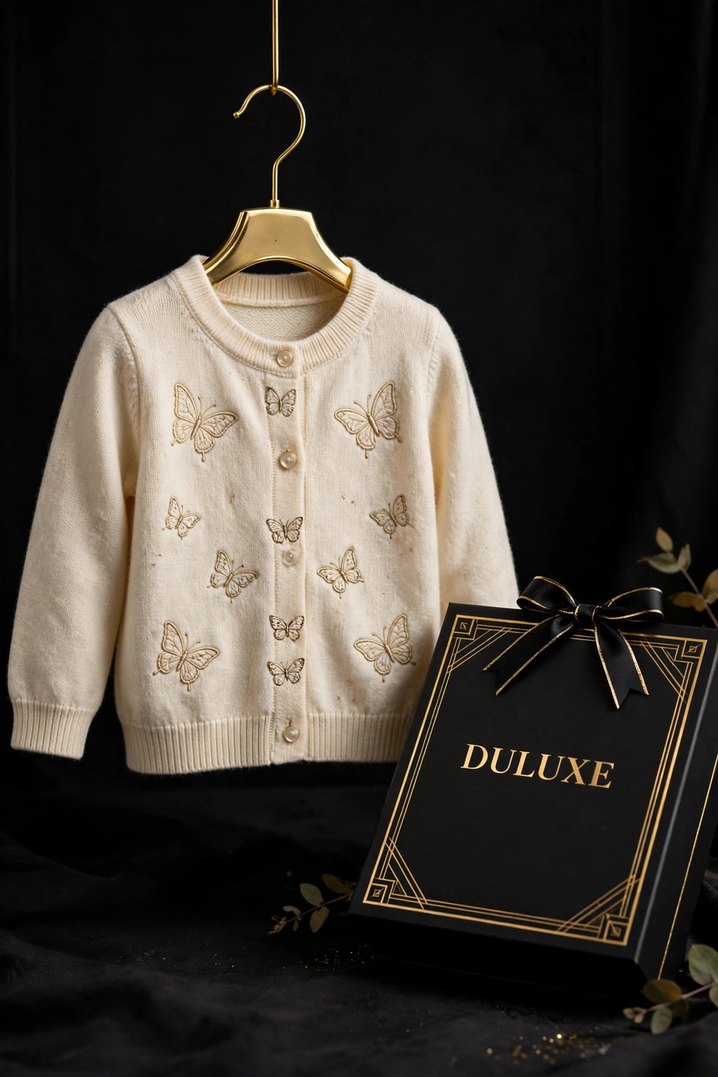 Cardigan papillon pour enfant en maille douce suspendu sur un cintre doré avec la boîte cadeau DULUXE