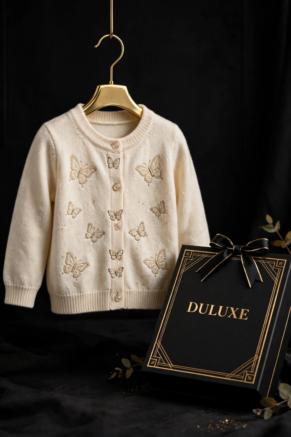 Cardigan papillon pour enfant en maille douce suspendu sur un cintre doré avec la boîte cadeau DULUXE
