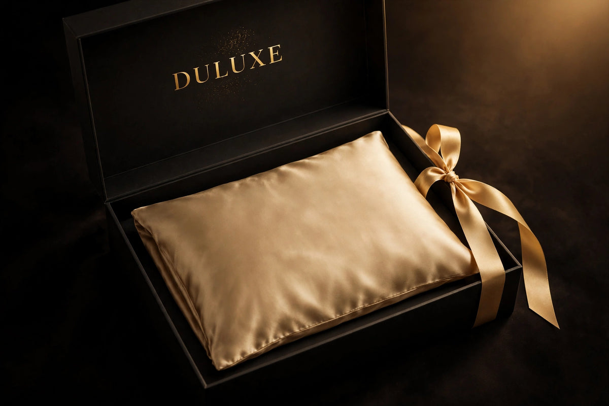 Taie d'oreiller en soie champagne présentée dans un coffret cadeau noir et doré DULUXE avec ruban doré