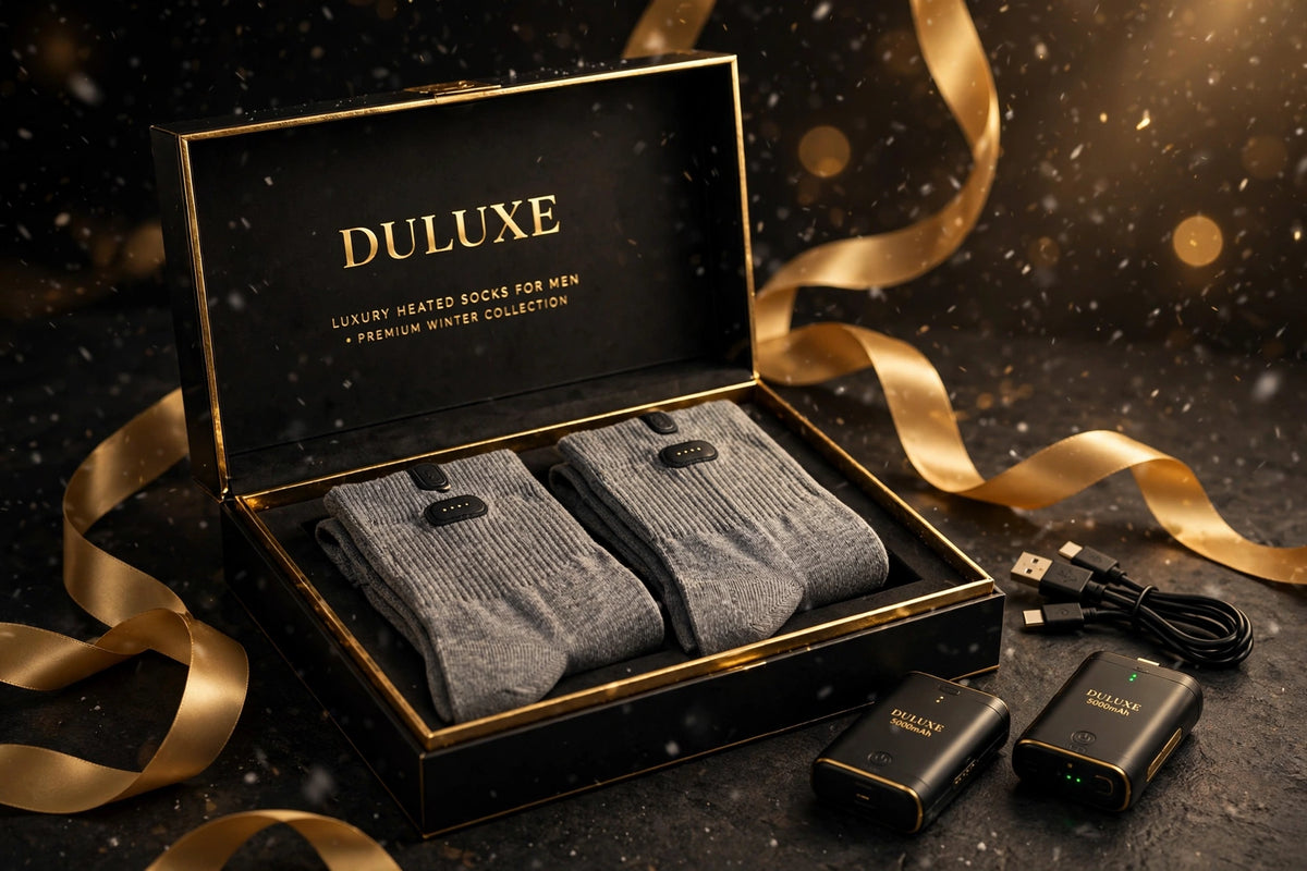 Chaussettes chauffantes pour homme présentées dans un coffret cadeau noir et doré DULUXE avec ruban doré, batteries et câble USB