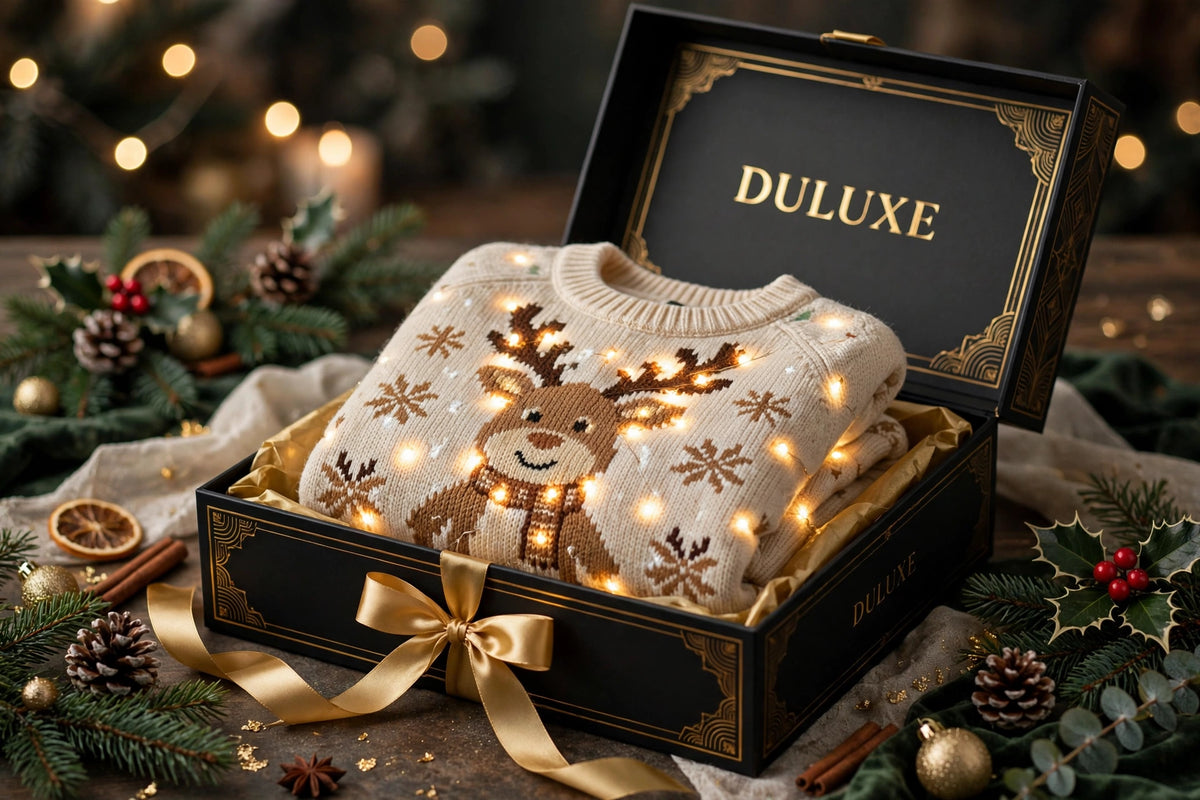 Pull de Noël lumineux pour enfant présenté dans un coffret cadeau noir et doré DULUXE avec ruban doré
