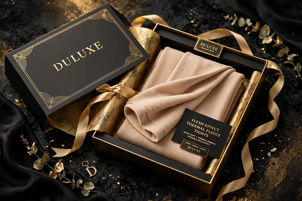 Collants thermiques doublés polaire effet chair présentés dans un coffret cadeau noir et doré DULUXE avec ruban doré