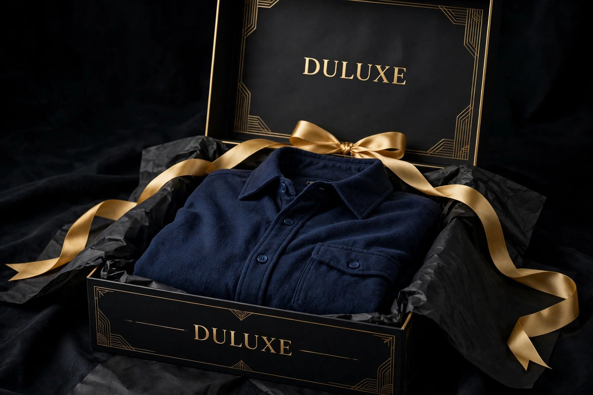 Présentation coffret cadeau noir et doré DULUXE avec la surchemise pour homme en flanelle douce