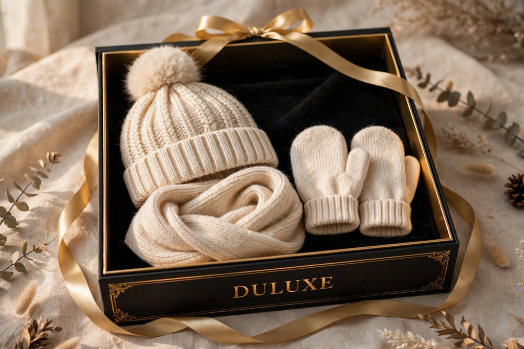 Ensemble d'hiver 3 pièces pour enfant DULUXE présenté dans un coffret cadeau noir et doré