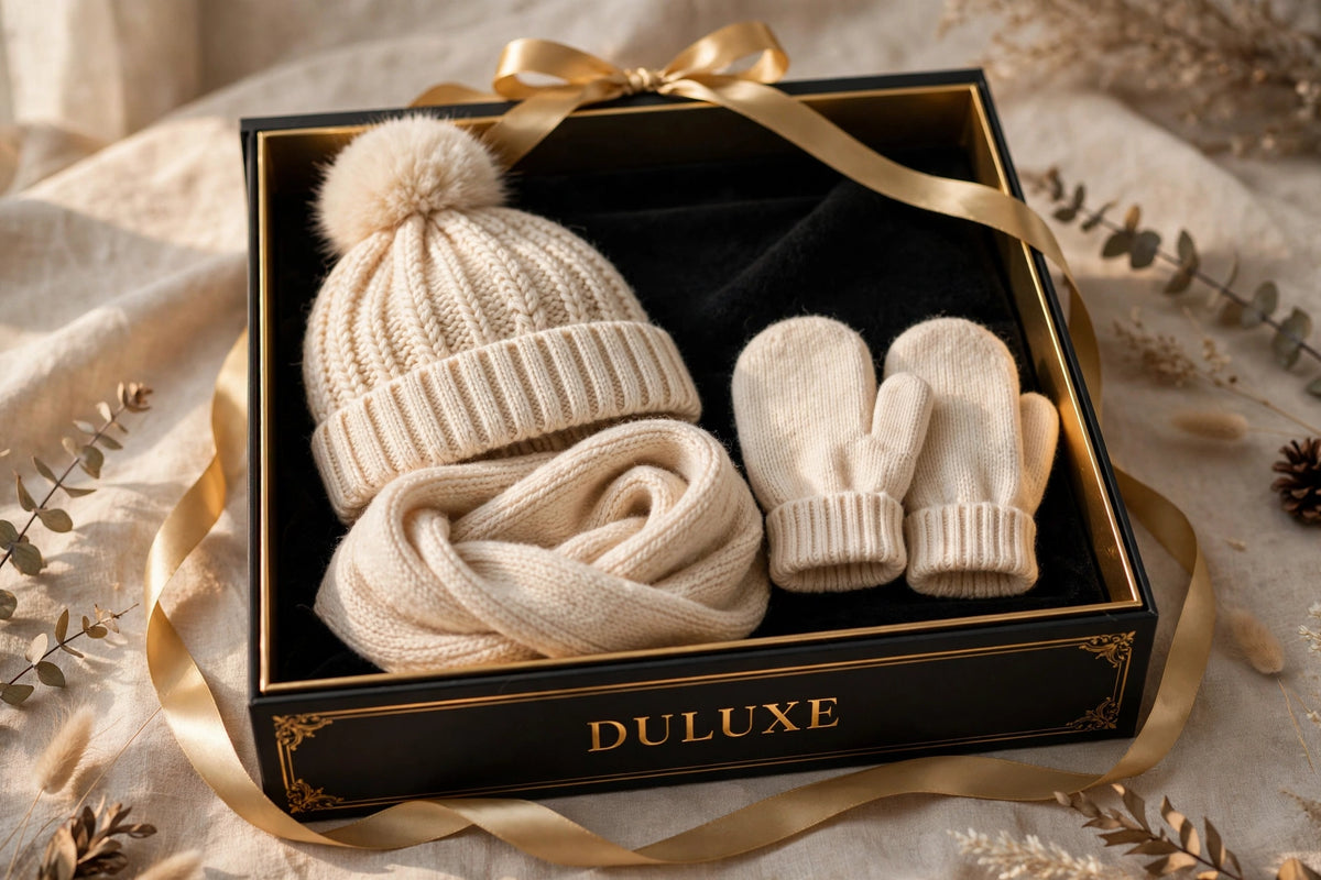 Ensemble d'hiver 3 pièces pour enfant DULUXE présenté dans un coffret cadeau noir et doré