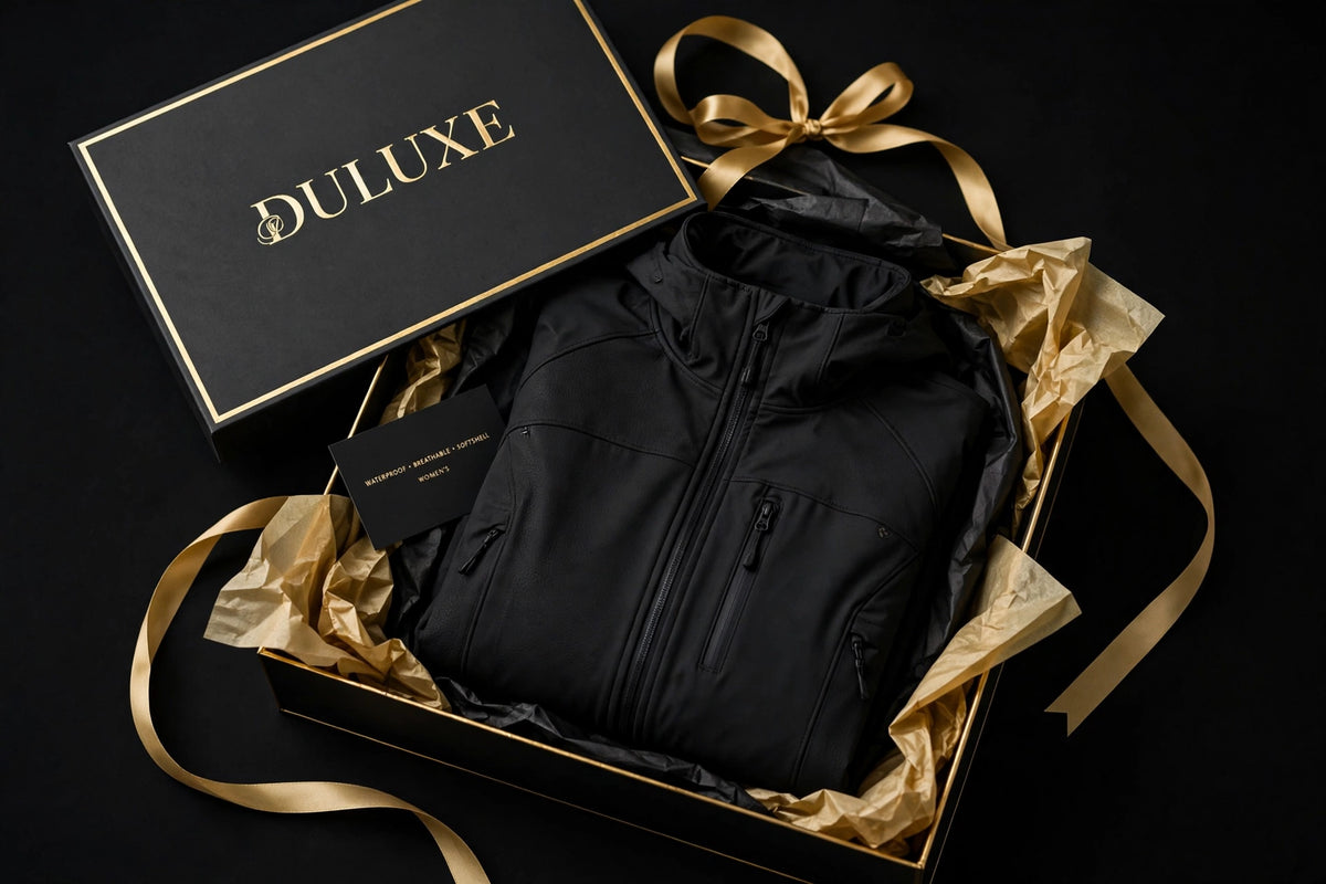 Présentation coffret cadeau noir et doré DULUXE avec la veste softshell femme