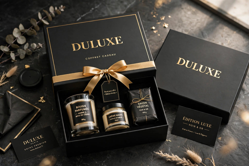 Présentation coffret cadeau noir et doré DULUXE avec le spray identificateur de duvet facial