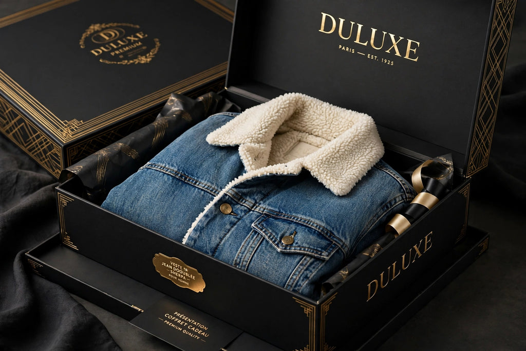 Présentation coffret cadeau noir et doré DULUXE avec la veste en jean sherpa homme