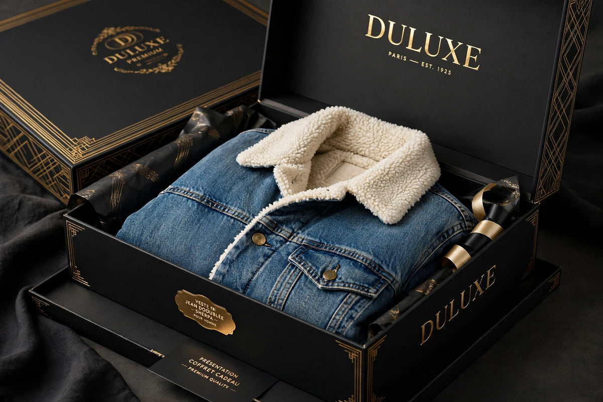 Présentation coffret cadeau noir et doré DULUXE avec la veste en jean sherpa homme