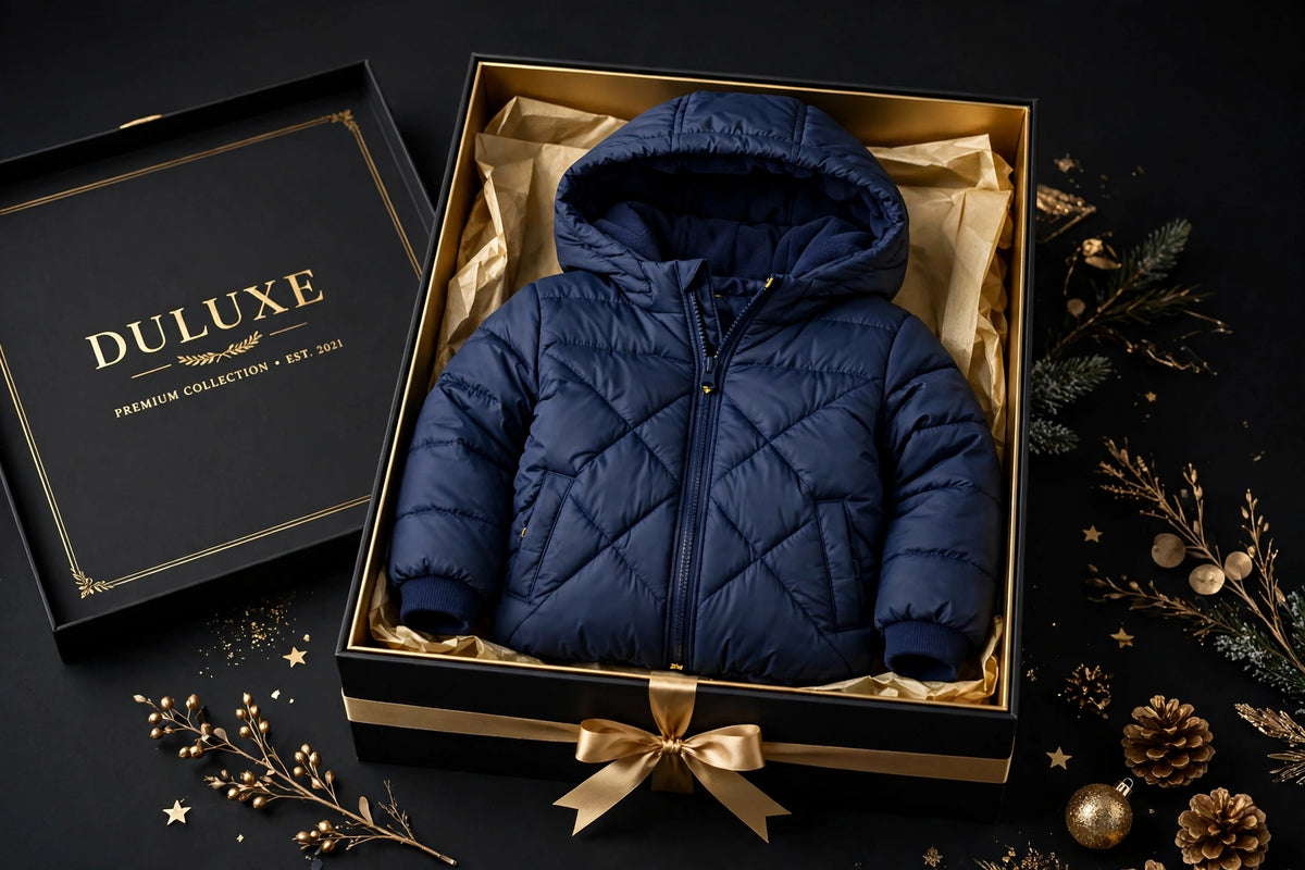 Doudoune d'hiver pour enfant présentée en coffret cadeau noir et doré DULUXE, prête à offrir