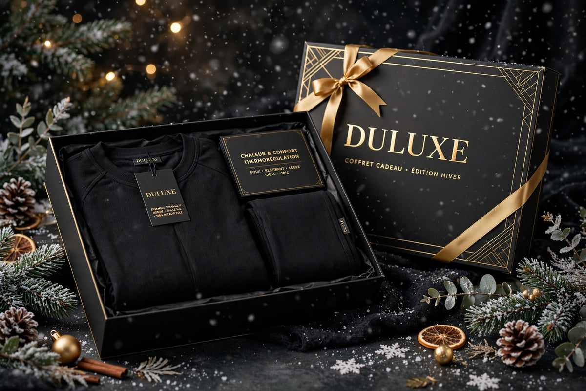 Ensemble thermique pour homme présenté dans un coffret cadeau noir et doré DULUXE avec ruban doré