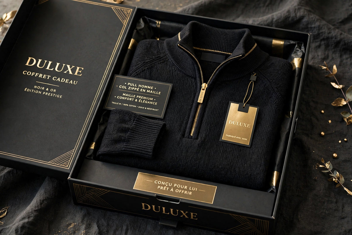 Présentation coffret cadeau noir et doré DULUXE avec le pull à col zippé pour homme