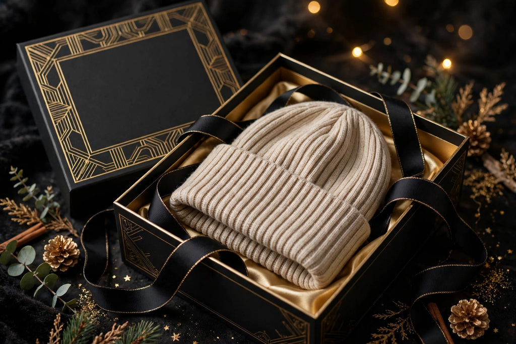 Bonnet tricoté présenté dans un coffret cadeau noir et doré DULUXE
