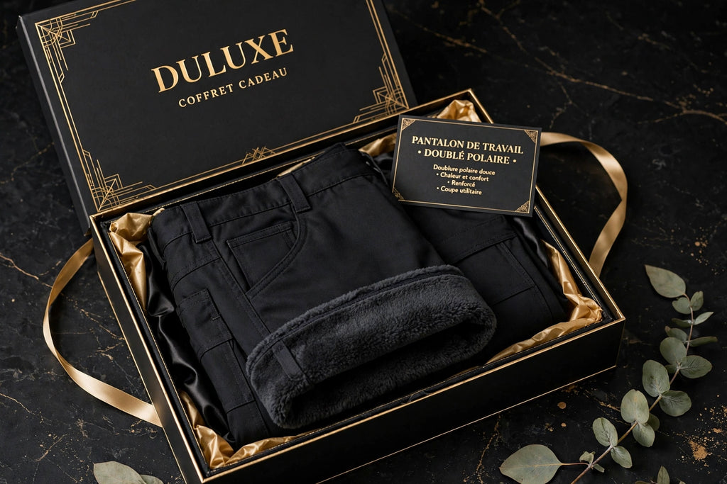 Pantalon de travail doublé polaire présenté dans un coffret cadeau noir et doré DULUXE