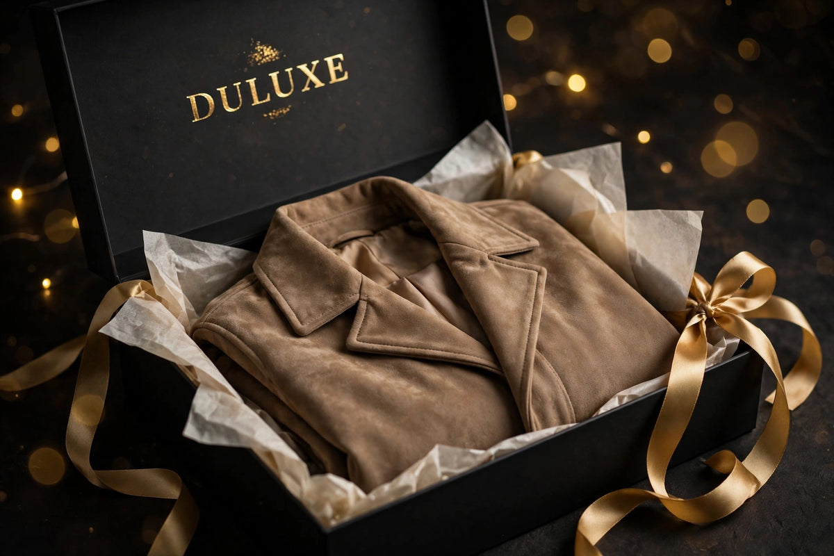 Présentation coffret cadeau noir et doré DULUXE avec la veste en suède pour homme